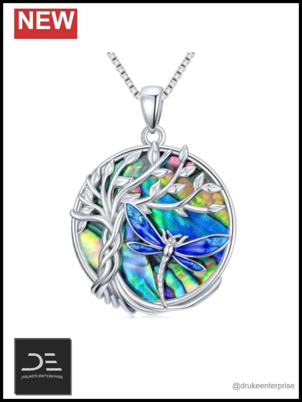925 Sterling Silver Tree of Life Pendant Necklace Abalone Shell Dragonfly